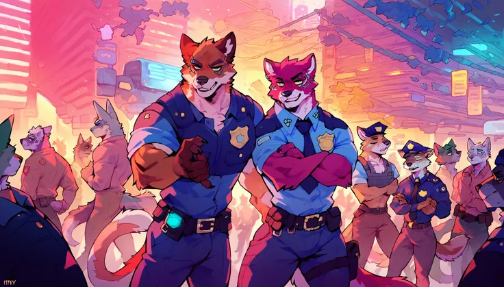 score_9, score_8_up, score_7_up, (cyberpunk city, daytime, sunny day, police office, buildings on background),
((Furry), anthro, male, (police crew), group, 2others, standing, crowd, wearing police uniform, muscular body, beautiful
