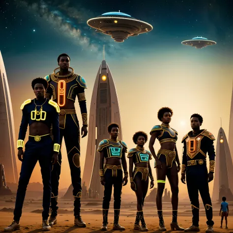 ((best quality)), ((masterpiece)), (detailed), afro futuristic colony of men women and children in African attire aesthetic standing in unknown neon world at dawn with landed spaceship in background