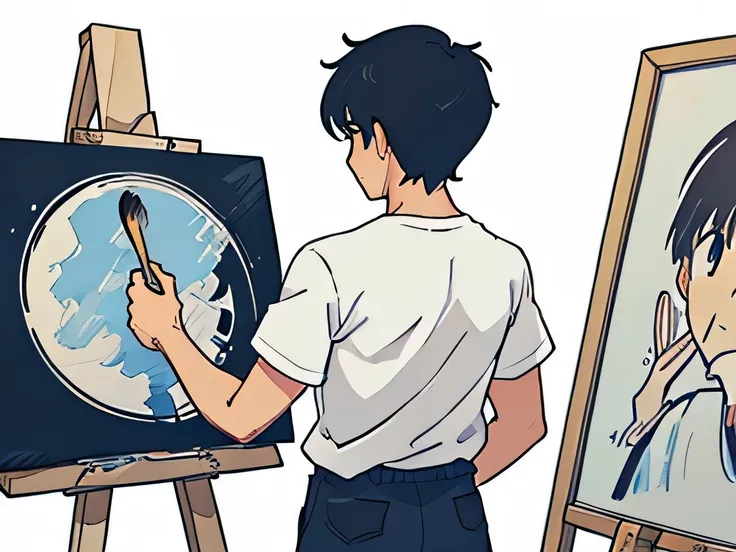 perfect anime illustration, back view illustration of a boy wearing a tshirt,  painting on a canvas holding a brush, view from back