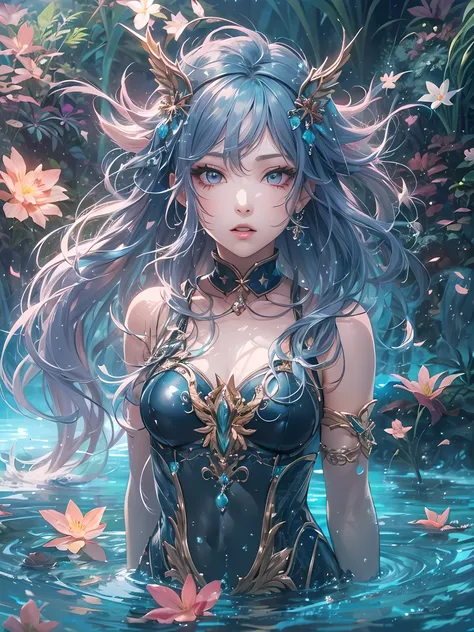 beautiful young woman, anime style, detailed face, ethereal and enchanting expression, wearing a swimsuit made of water, standing in a mystical fantasy landscape with glowing plants and magical creatures, water elements swirling around her, dynamic and flu...