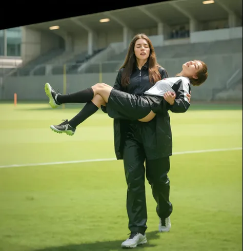 soccer action pose, cradle-carry-pose, Erste help in einem Sportstadion, affection pose, lecherous action pose, dramatic action pose, theatralic pose, There is an attractive long-haired woman, a wounded athlete in her arms, There is a beautiful long-haired...