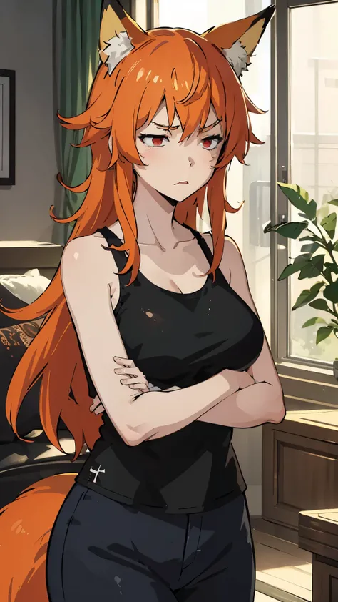 1girl, v-shaped eyebrows, wild long hair, orange hair, red eyes, fox ears, large breast, annoyed face, wallpaper, landscape, depth of field, morning, living room, glance left, crossed arms, light particles, light rays, sidelighting, (black tanktop:1.2),  