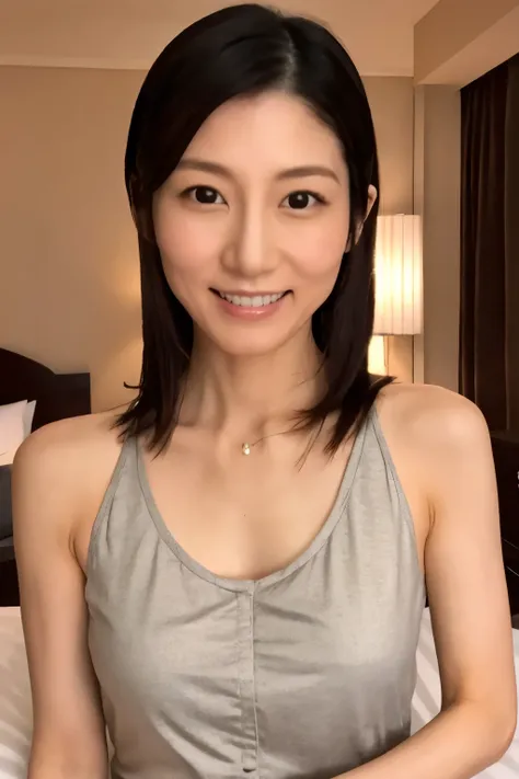 masterpiece, Best quality, Skinny Japanese woman, 40 years old, sexy nightwear, on the bed in a hotel room, correct body structure, slight smile, perfect face, detailed face, detailed eyes