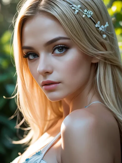 A serene summer day, an ultra hot gorgeous (Swedish :1.2 French :0.8) European woman. Age 23. relaxing in a lush garden, her long blonde hair flowing in the gentle breeze, wearing a delicate floral dress, surrounded by vibrant blooms, butterflies flutterin...