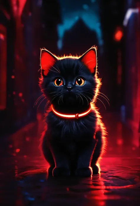 small full black baby cute cat,baby cute cat in dark night and cat eye is glowing red light, high quality,high resolution,neon b...