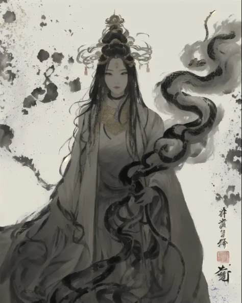 A painting of a woman in a long dress holding a snake, Flowing hair and long robes, Akira in Chinese mythology, Ancient Chinese Goddess, Inspired by Fu Baoshi, Inspired by Soami, Taoist, Inspired by Wu Daozi, inspired by Zhou Fang, Inspired by Zhang He, In...