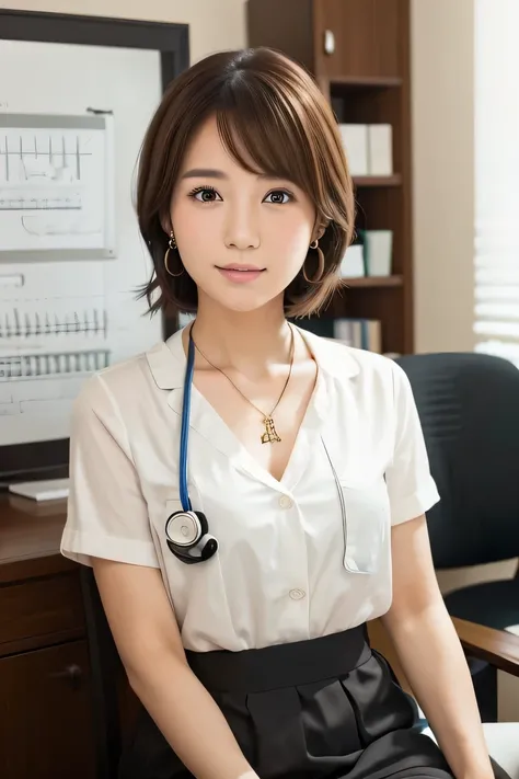 Beautiful young woman、 Japanese women、（sitting in a chair in the examination room）、Brown Hair、Necklace around the neck、White、shirt、Stethoscope、short hair、Intricate details, Very detailed:1.2), 、 Looking into the camera,The background is the examination roo...