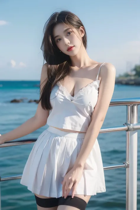 mahalaiuniform,white shirt short sleeves, black pleated skirt, ((Large Breasts)), ((D cup)), Visible cleavage，Highly detailed face and skin texture，((Bare shoulder)), Double eyelids，Skin Whitening，Long hair，Whitening long legs，Standing by the sea, Fashion ...