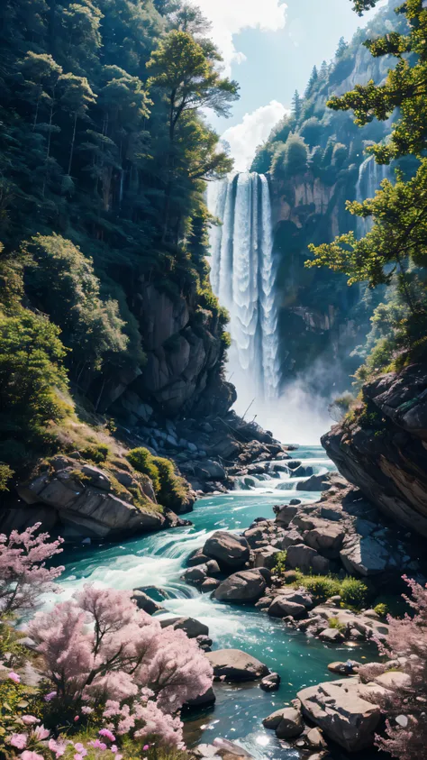 Majestic Mountain々The scene of water flowing into the water is exquisitely rendered.、A breathtaking 8K CG Unity masterpiece featuring a waterfall-like waterfall。This award-winning photo is trending on both ArtStation and CG Society、Sparkle、With intricate d...