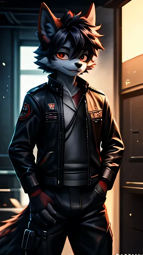 rystal, star fox, male,dark emerald hair， (detailed), fluffy, solo, meticulous and realistic, delicate eyes(( black and red eyes...