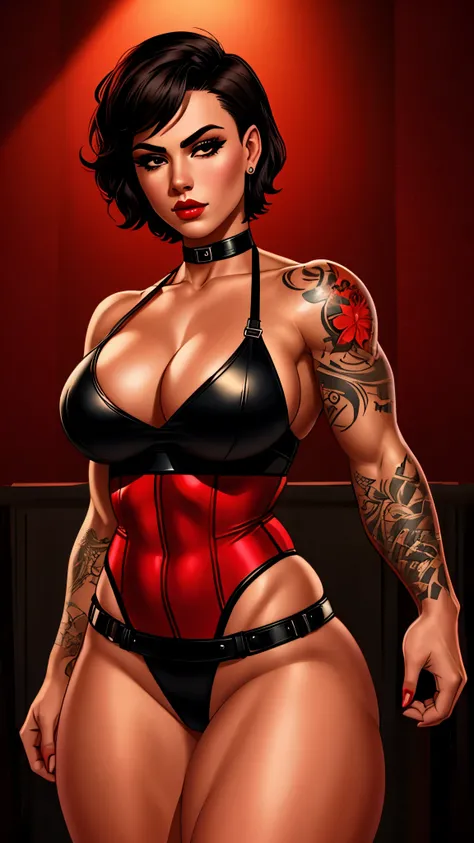 a butch girl with short hair, muscular figure, tattoos,wearing a red and black pinup style outfit, posing confidently, dramatic lighting, cinematic, highly detailed, photorealistic, 8k, best quality, masterpiece, centerfold