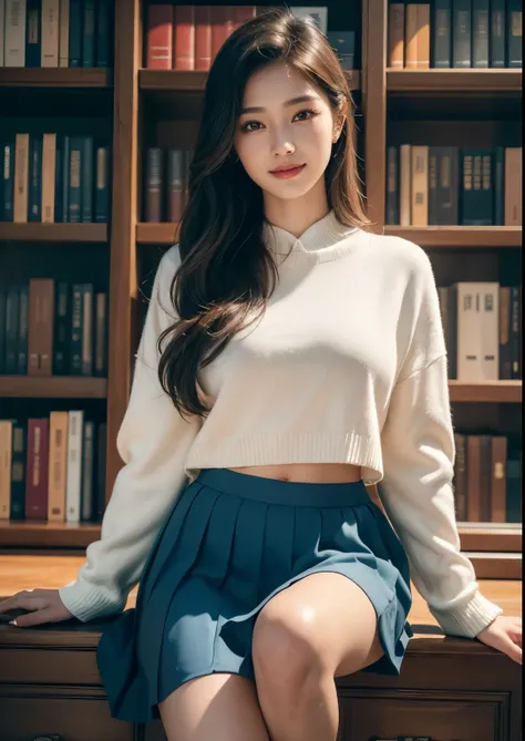 a beautiful korean girl, 18 years sweet and pretty girl, standing in a library, very big library, many books in library, very very big library, book stalls, book shelf, lot of books,many book shelfs, bright light in library, advanced library, ((wearing a a...