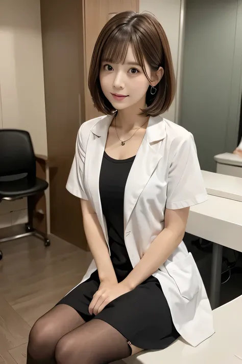 Young woman、 Japanese women、Woman sitting in a hospital examination room、（Full body photo）Brown Hair、Necklace around the neck、White、shirt、Knee-length skirt、（tights、pumps）、Stethoscope、short hair、Intricate details, Very detailed:1.2), 、 Looking into the came...