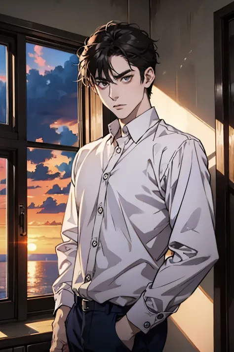 A dark-haired man stands by the window in the house，Looking at the camera with a haggard look，Pale complexion，The brilliant sunset outside the window