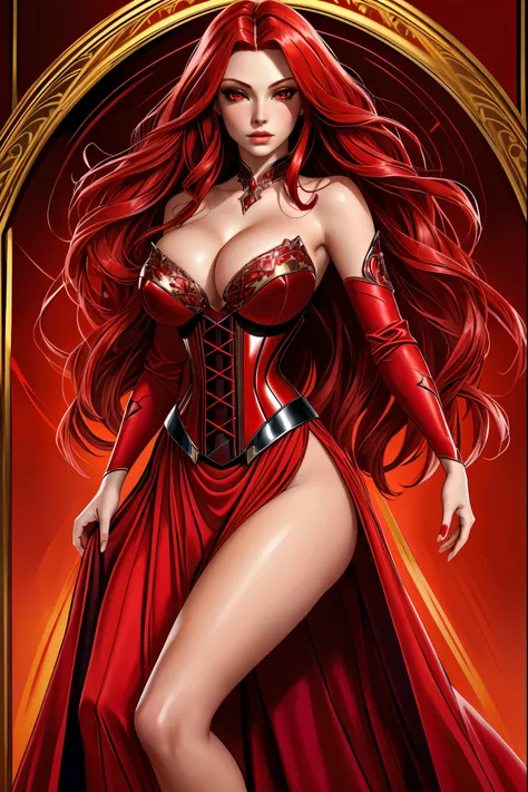 a woman with long crimson hair, wearing a long red dress with a leg slit, intricate corset, beautiful detailed eyes, beautiful detailed lips, extremely detailed face, longeyelashes, elegant pose, graceful movement, breathtaking, detailed and realistic, oil...