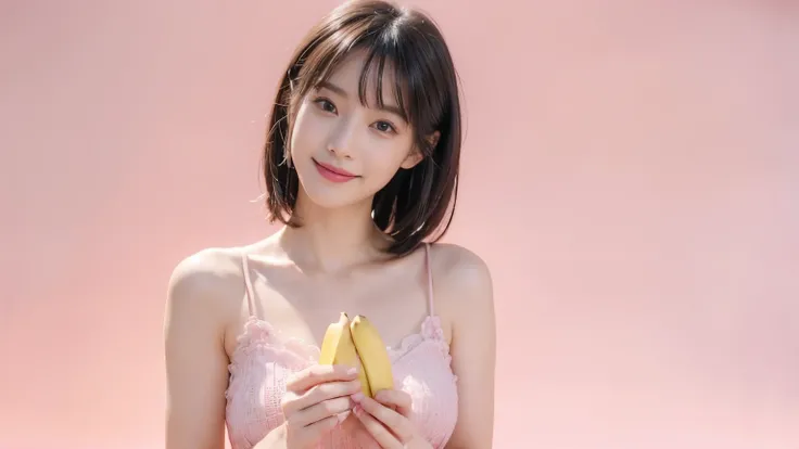 (Delicate face), (movie lighting), (Ray tracing), (Pink background), (textured skin), (4K), (best picture quality), (youthful vitality), (masterpiece), (detail), (whole body), lively girl holding a banana, posing and smiling at the screen

