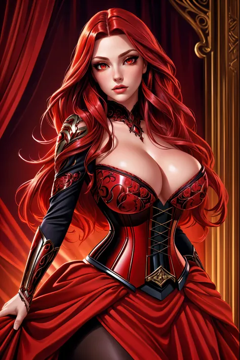 a woman with long crimson hair, wearing a long, intricate corset, beautiful detailed eyes, beautiful detailed lips, extremely detailed face, longeyelashes, elegant pose, graceful movement, breathtaking, detailed and realistic, oil painting, dramatic lighti...