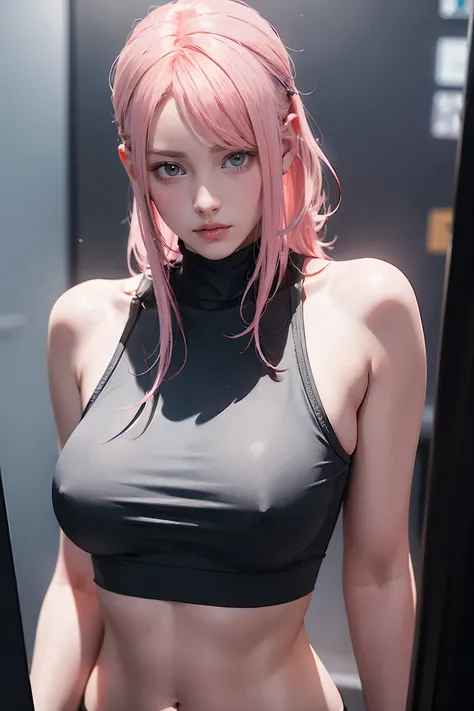 Highest quality, Ultra-high resolution, Realistic, NSFW, Cyberpunk one girl sexy pink hair、Taking photos in a studio environment with a gray background, View your viewers, Upper Body, thin, Visible cracks, Crop top,