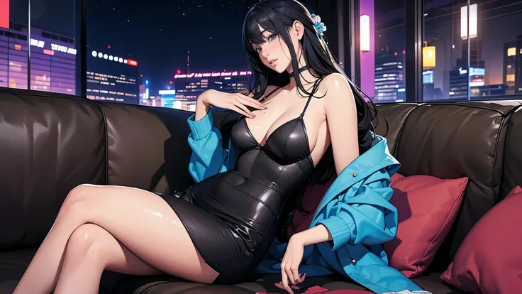 Ultra HD、super high quality、masterpiece、detailed、8K、The location is inside a nightclub late at night.、High school girl on the sofa１Sitting with people、15-year-old high school girl、The high school girl is Russian and has long black hair.、Has blue eyes、She h...