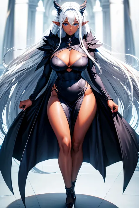 full body image of a young dark skin woman,beautiful well defined face, big blue eyes, White hair,pointy ears,, full lips, big , thick legs, black dress.