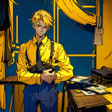 1boy, alone, 25 years old, yellow hair, golden eyes, insister sur les reflets des yeux dorés, cheveux blonds, mid lenght hair, boss, formal business outfit, yellow outfit, yellow clothes, black suspenders, arrogant look, Jen Zee style, bureaucratic themed,...