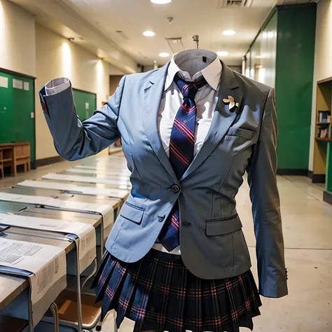 school blazer on bed, plaid skirt, stripe tie, fat, cute big breasts, (invisible, no human, headless, handless:1.5)