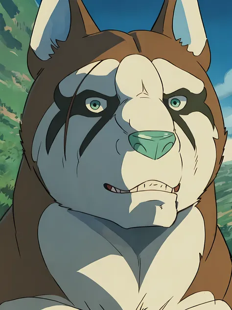 hakurou (ginga), turquoise nose, scars on face, black markings around eyes, male, masculine, anthro, very muscular, detailed, hi...