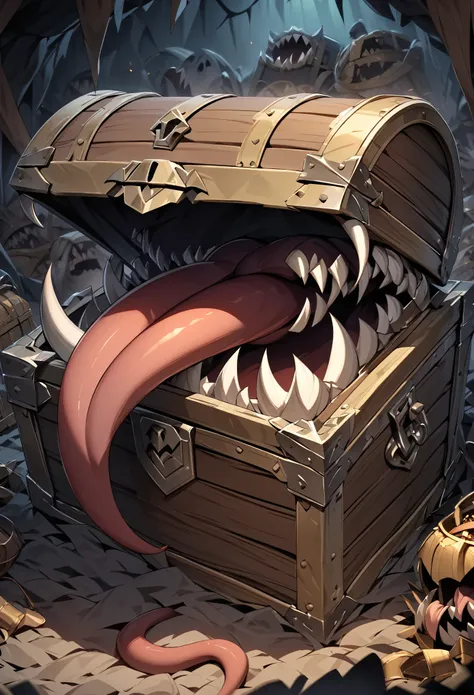 disguised as a treasure chest, transformed into a treasure chest, mouth and fangs on a treasure chest, treasure chest body, long...