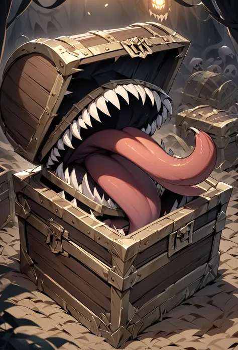 disguised as a treasure chest, transformed into a treasure chest, mouth and fangs on a treasure chest, treasure chest body, long...