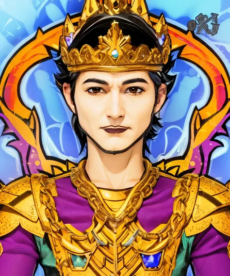 man,short black hair,gold crown,gold armor,realistic,ultra detail