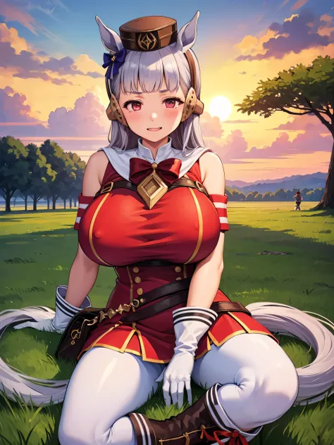 (masterpiece, Highest quality:1.2), alone, One girl, umpd gold ship, pillbox hat,Red dress,No sleeve, White Pantyhose, White gloves、boots, Horse tail,、grassland、Nature、blush、LOL、Wow smile、summer、Sunset、(Huge breasts:1.2)、Nipples are visible、Clothes are see...