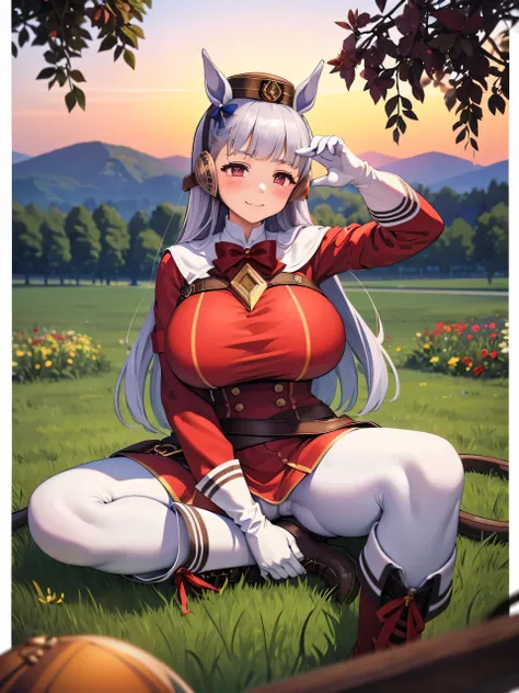 (masterpiece, Highest quality:1.2), alone, One girl, umpd gold ship, pillbox hat,Red dress,No sleeve, White Pantyhose, White gloves、boots, Horse tail,、grassland、Nature、blush、LOL、Wow smile、summer、Sunset、(Huge breasts:1.2)、Nipples are visible、Clothes are see...