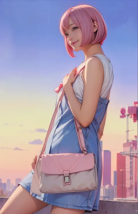 1 Girl、solo、smile、short hair、Open Mouse、dress、Pink Hair、bag、Bobcut、ハンドbag、Real