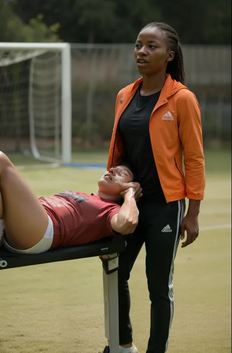 soccer, sports injury, theatralic erotic action, intense erotic scene, erotic pose, a love scene, interracial loving action, erotic, an injured soccer-boy in matte cotton sportswear is rearing up in pain on a stretcher, an injured soccer-boy in matte cotto...