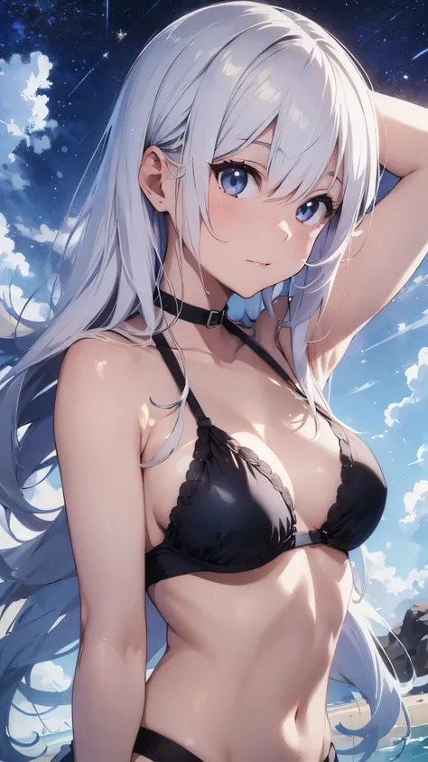 White-haired girl drawn in high resolution Japanese anime style、whole body、Women in blue bikinis taking photos on a deserted beach, Bikini Model, , Young and cute gravure idol, Posing together in a bra, Russian and Japanese mix, sakimichan, Asian woman, We...