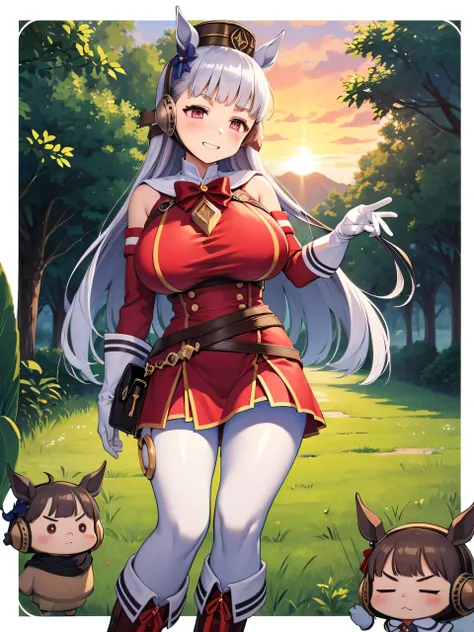 (masterpiece, Highest quality:1.2), alone, One girl, umpd gold ship, pillbox hat,Red dress,No sleeve, White Pantyhose, White gloves、boots, Horse tail,、grassland、Nature、blush、LOL、Wow smile、summer、Sunset、(Huge breasts:1.2)、Nipples are visible、Clothes are see...