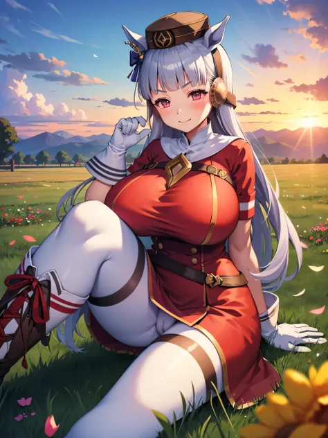 (masterpiece, Highest quality:1.2), alone, One girl, umpd gold ship, pillbox hat,Red dress,No sleeve, White Pantyhose, White gloves、boots, Horse tail,、grassland、Nature、blush、LOL、Wow smile、summer、Sunset、(Huge breasts:1.2)、Nipples are visible、Clothes are see...