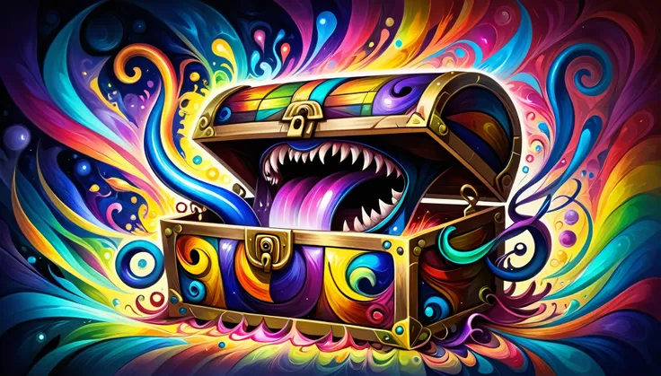 (((Disguised as a treasure chest, Transformed into a treasure chest, Mouth and fangs on a treasure chest, Treasure Chest Body))), Long Tongue, mimic, Sharp Fangs:1.2, Attack with open mouth, (Beautiful LSD art:1.3), Psychedelic Trance, (Crystal luminescenc...