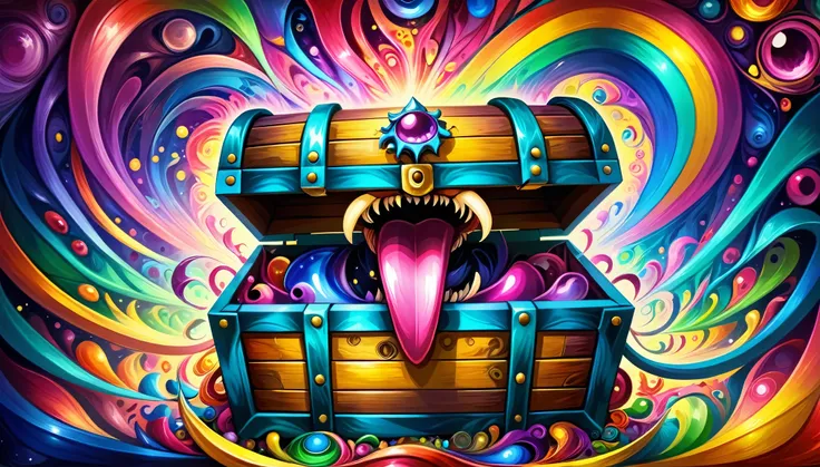 (((Disguised as a treasure chest, Transformed into a treasure chest, Mouth and fangs on a treasure chest, Treasure Chest Body))), Long Tongue, mimic, Sharp Fangs:1.2, Attack with open mouth, (Beautiful LSD art:1.3), Psychedelic Trance, (Crystal luminescenc...