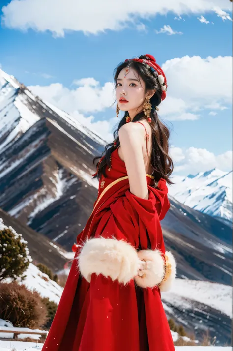 (masterpiece, best quality:1.2),red Tibetan clothing,1 Tibetan girl, blue sky, cloud, cloudy sky, day, earrings,Plush hat, horizon,Tibetan Earrings,jewelry,necklace, lips,snow mountain, outdoors, parted lips, red lips, solo,flat chest,(upper body:1.2),stan...