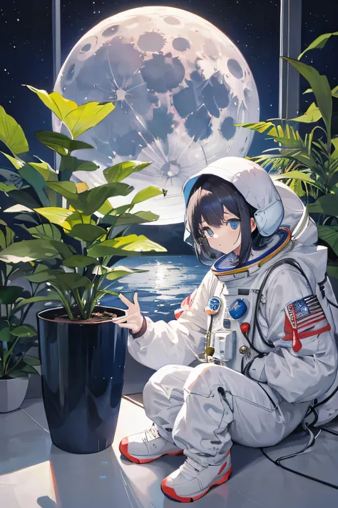 Cute astronaut,at the moon,looking at the earth,clothes with plants,flower vases around