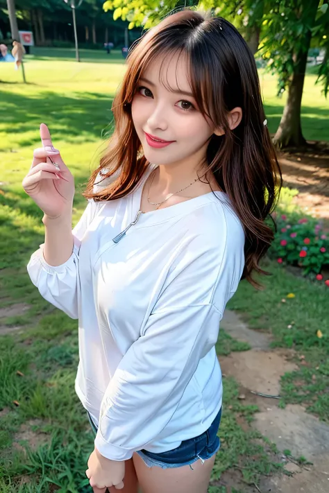 seed;88117315,((Full Body Angle))、Front hair:1.3))、((Highest quality, 8K, masterpiece: 1.3)), concentrated: 1.2, Cute girl 1,Nipples erect、 Perfect beauty: 1.4,Cut and sewn T-shirt Raglan sleeve summer short sleeve T-shirt.Shorts: 1.2,Long sleeve、Randall C...