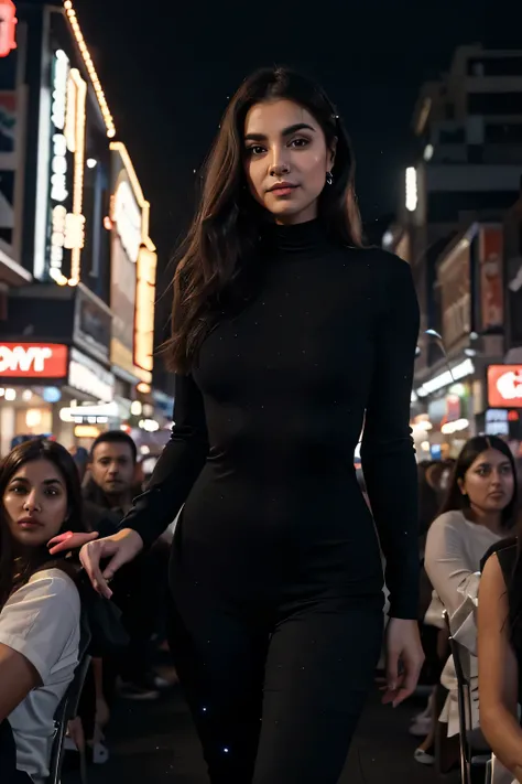 In the heart of a bustling party, amidst a sea of animated conversations and twinkling lights, stands a 24-year-old woman in striking black attire. Her posture exudes confidence as she gracefully commands attention, her attire accentuating her youthful ele...