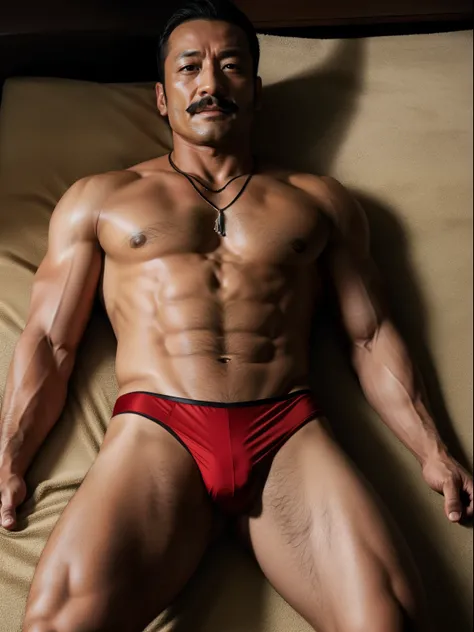 40 years old，Hidetoshi Nakata ，（Kogoro Mori 1.1），A muscular man lying on his stomach，Legs open，Thick chest hair，Wear a necklace，Red lingerie，Moustache，masterpiece，HD，foot，Black socks，