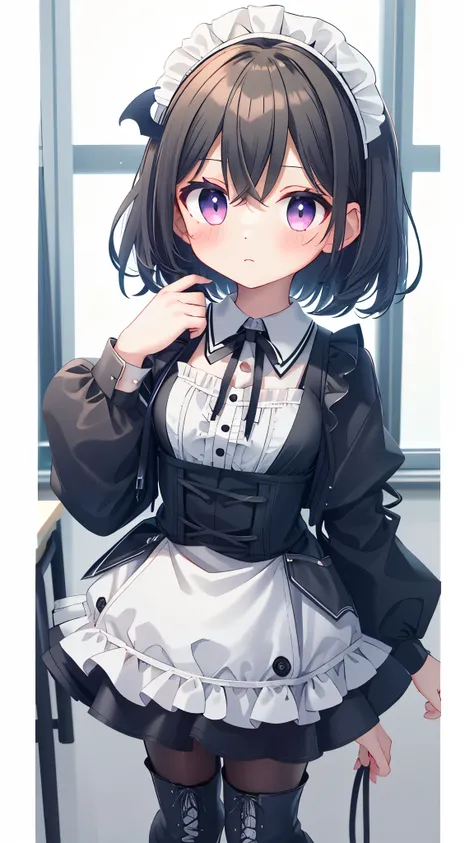 girl，Black short hair，maid outfit，Black lace-up boots，White pantyhose，Blushing shy，Classroom scene，demon