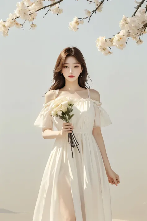 8K, (masterpiece, best quality:1.2), a woman in a 하얀 드레스 holding a bouquet of flowers, simple dress, ancient white dress, light half open dress, simple cream dress, 