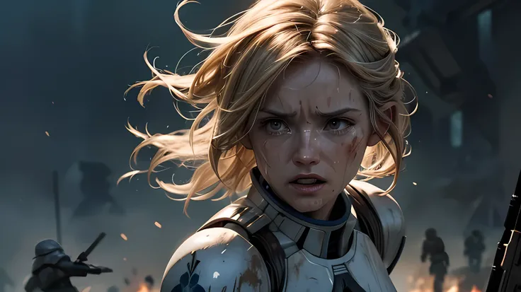 Helen Skelton, The Clone Wars, close-up action shot from ground level, naked Clone trooper, crying, sweating, damp hair, on a bloody battlefield, explosion, fires