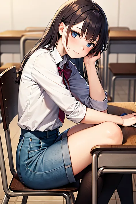 A girl resting her chin on a desk at school,kawaii, アニメ, Cute