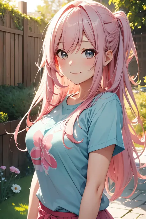 a cute girl smile with pink and long hair, breast, wearing t-shirt, in garden, by style of onii kei, dreamy and romantic, light gray and light amber, jagged edges, light teal and light red, timeless beauty, 8k