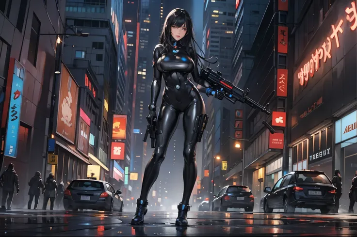 1girl, long hair, breasts, looking at viewer, bangs, large breasts, black hair, holding, standing, full body, weapon, outdoors, solo focus, holding weapon, lips, gun, bodysuit, night, holding gun, skin tight, handgun, black bodysuit, cyberpunk, latex bodys...